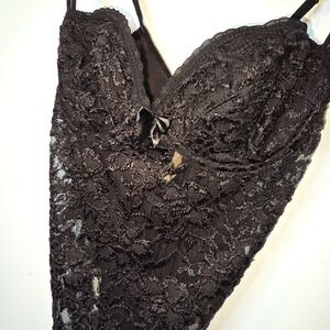 Vtg Victorias Secret Bodysuit Gold Label 80's Black‎ Satin Lace Teddy 36B